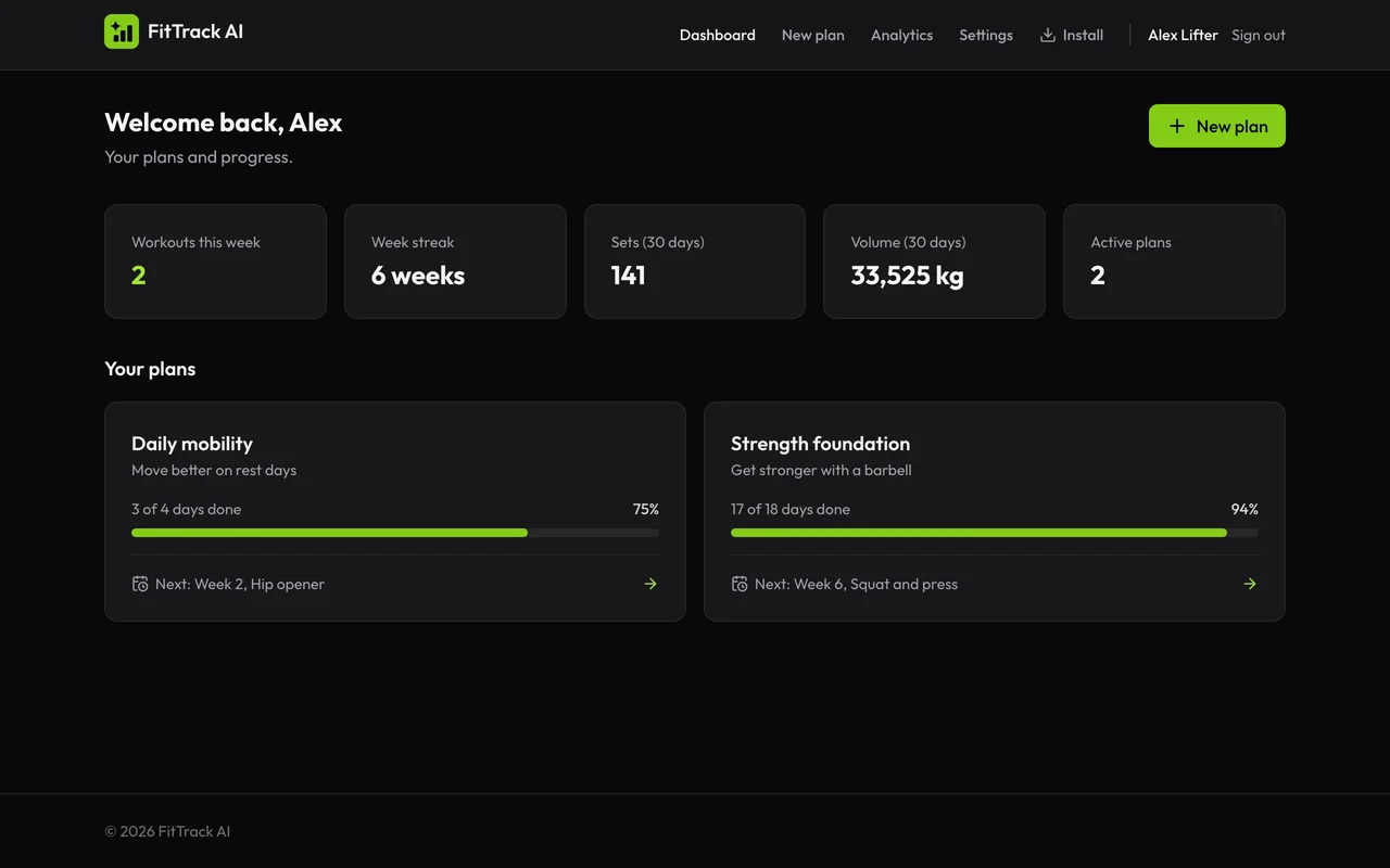 The FitTrack AI dashboard with weekly stats and two training plans with their progress.