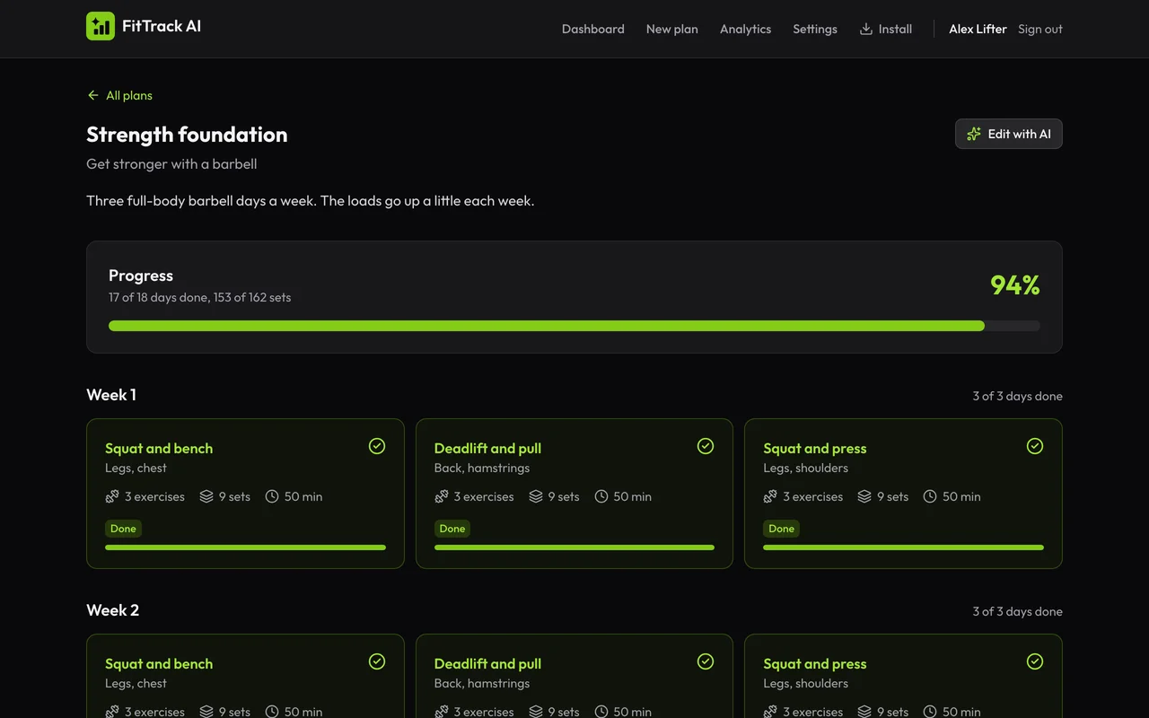 A training plan with four weeks of days, progress bars and the next day marked.